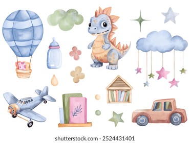 Watercolor nursery set. Hand drawn toys, dinosaur, plain, car. Сhildish elements in pastel colors.