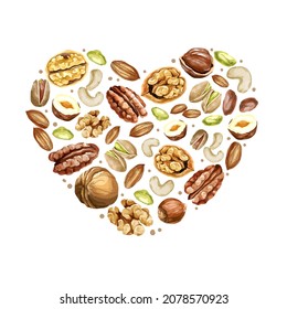 Watercolor nut collection. different types of nuts in the shape of heart