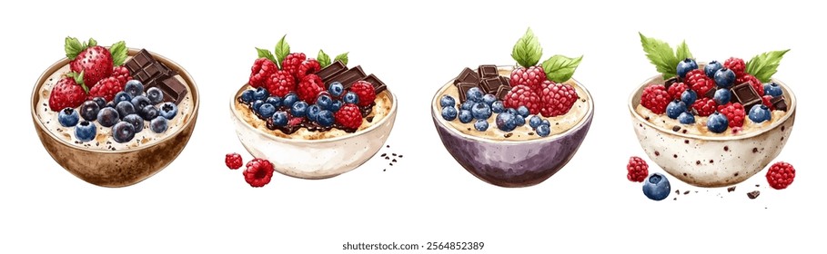 Watercolor oatmeal with berries and chocolate. Healthy breakfast with oatmeal filled with berries of strawberries, blueberries, raspberries and chocolate pieces. Fitness breakfast.