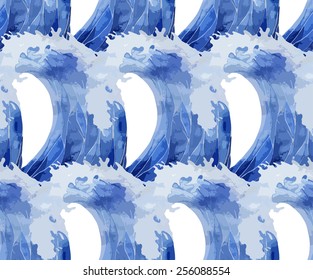 Watercolor ocean. Deep blue storm waves. Tsunami. Vector pattern