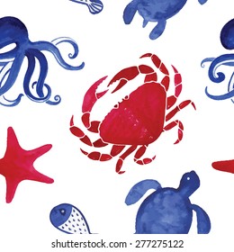 Watercolor ocean seamless pattern. Hand painted ocean life texture with starfish, lobster, ship and fish. Watercolor. Hand painting.