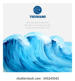 Watercolor Ocean Tsunami Waves. Big Blue Water.