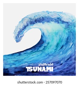 Watercolor ocean tsunami waves. Big blue water.
