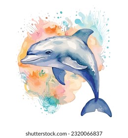 watercolor ocean whale illustration. on white background. splash, vector illustration