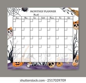 Watercolor October Halloween Day's Monthly Planner Template