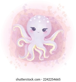 Watercolor Octopus Character Sea Animals Illustration