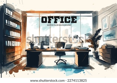 Watercolor office background with desk, chair and laptop