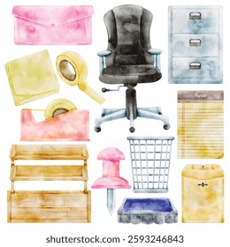 Watercolor Office supplies  Illustration Set - Hand-Painted, Soft Pastel Aesthetic - Office Chair, Filing Cabinet, Envelope, Notepad, Pushpin, Storage Box, Document Holder Vector Illustration