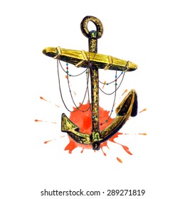 Watercolor Old Anchor, Beaded Threads & Red Splatter, isolated on white background. Symbol of faith, strength & stability. Vintage style. Vector Element for your design. Hand drawn illustration. 