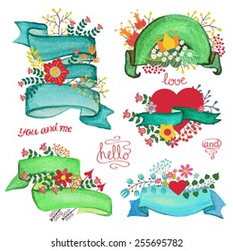 Watercolor Old ribbon banner and flowers,branches for holiday decoration, scrapbook invitations,greeting,wedding,easter.Vector.Hand drawing romantic design template,doodle painting.