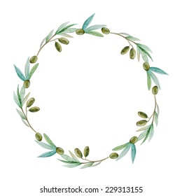Watercolor olive branch wreath. Hand drawn natural vector frame.