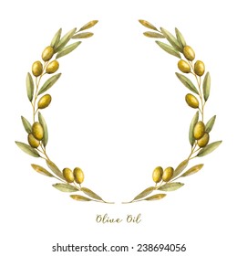 Watercolor Olive Branch Wreath. Hand Drawn Natural Vector Frame.