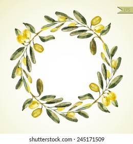 Watercolor olive branch wreath. Hand drawn natural vector frame. Vector  