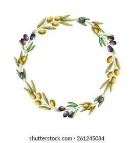 Watercolor olive branch wreath. Hand drawn natural vector frame.