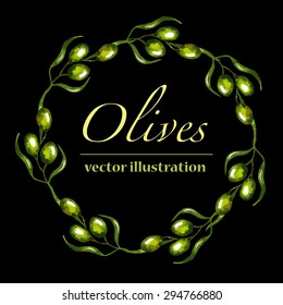 Watercolor olive branch wreath on dark  background vector illustration. Hand drawn vector round frame border. You can use it like design template for you beauty product.