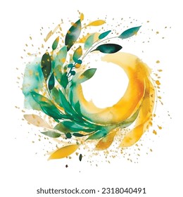 Watercolor olive branches, leaves with splash splatter stain brush strokes on white background. Modern abstract hand drawn ornament. Aquarelle spot. Trendy isolated painted design on white. Element. 