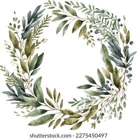 watercolor olive branches and leaves wreath in circle frame composition. Wedding design