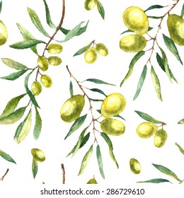 Watercolor olive brunch seamless pattern. Hand drawn floral texture with natural elements: green olives, leaves, and olive branches. Vector illustration.