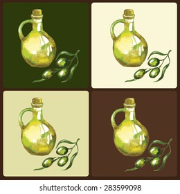 Watercolor olive oil bottle isolated icons set. You can use it like design template for you beauty product. It can be used for card, menu, recipe.
