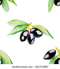 watercolor olives isolated on white. Seamless pattern background. Vector version