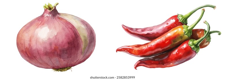 Watercolor onion illustration, vibrant chili peppers, fresh produce, culinary art, food styling, organic vegetables.