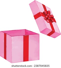 Vector de caja de regalo de acuarela abierta con cinta roja y arco. ilustración actual de color rosa