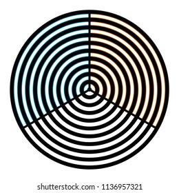 Watercolor optical illusion on circular gratings. The thin blue and orange lines along the circular gratings appear to spread over the black and white regions. Illustration on white background. Vector