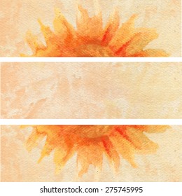 Watercolor orange background with Sunflower, decorative horizontal banner, hand drawn vector illustration, Floral element for design package cosmetic, template page, greeting card, wedding invitation