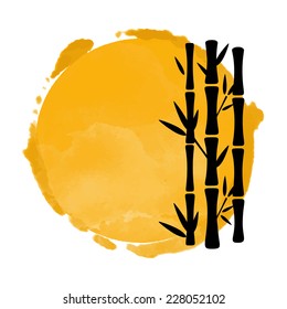 Watercolor orange circle paint stain and black bamboo trees silhouettes. Stamp, icon isolated on a white background. Abstract art. Logo design