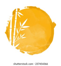 Watercolor orange circle paint stain and white bamboo trees silhouettes. Stamp, icon isolated on a white background. Abstract art. Logo design