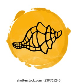 Watercolor orange circle paint stain and black sea shell icon closeup isolated on a white background, art logo design 