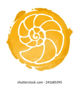 Watercolor orange circle paint stain and white sea shell icon closeup isolated on a white background, art logo design 