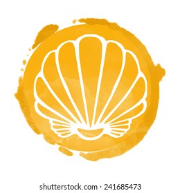 Watercolor orange circle paint stain and white sea shell icon closeup isolated on a white background, art logo design 