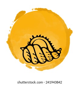 Watercolor orange circle paint stain and black sea shell icon closeup isolated on a white background, art logo design 