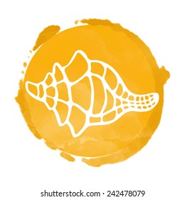 Watercolor orange circle paint stain and white sea shell icon closeup isolated on a white background, art logo design 