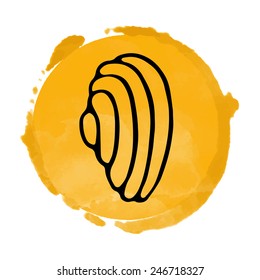 Watercolor orange circle paint stain and black sea shell icon closeup isolated on a white background, art logo design 
