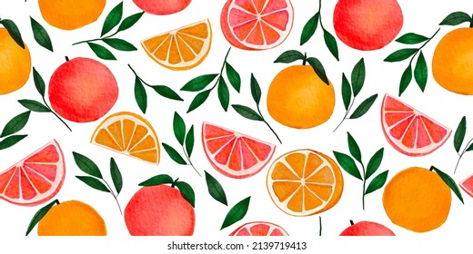 Watercolor orange fruit with leaves seamless pattern