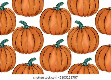 Calabazas anaranjadas de color de agua patrón sin soldadura, vector aislado en blanco