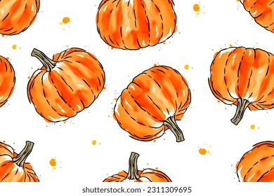 Watercolor orange pumpkins seamless pattern, background isolated on white. Autumn watercolor print textile