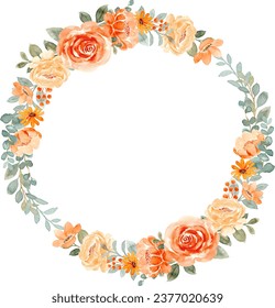 Watercolor orange rose flower wreath for wedding, birthday, card, background, invitation, wallpaper, sticker, decoration etc.