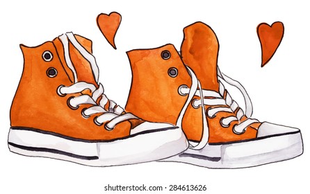 Watercolor orange sneakers pair shoes hearts love isolated vector