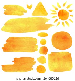 Watercolor Orange, Yellow, Sun, Moon, Abstract Brush Strokes, Stripes, Lines,  Paint Stains, Triangle, Square, Frames Isolated On White Background. Hand Painting On Paper. Art Design Elements Set