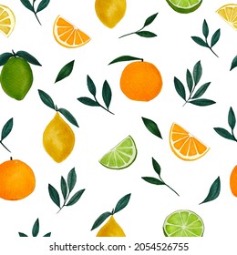 
Watercolor oranges, grapefruits and green leaves seamless pattern.  Exotic citrus fruit , cut, full, slice on white background