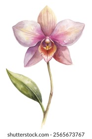 Watercolor orchid flower, delicate pink petals, green leaves, botanical illustration, nature art, floral design.