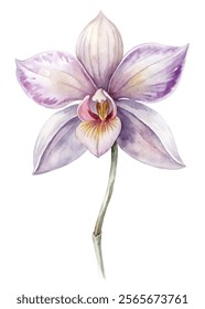 Watercolor orchid illustration, delicate floral design, soft purple hues, botanical art, nature-inspired decor.