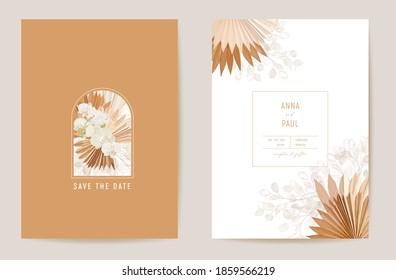 Watercolor orchid, pampas grass, lunaria floral wedding card. Vector exotic flower, tropical palm leaves invitation. Boho template frame. Botanical Save the Date foliage cover, modern design poster