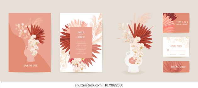 Watercolor orchid, pampas grass, lunaria floral wedding card. Vector exotic flower, tropical palm leaves invitation. Boho template frame. Botanical Save the Date foliage cover, modern design poster