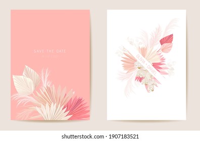 Watercolor orchid, pampas grass, lunaria floral wedding card. Vector exotic flower, tropical palm leaves invitation. Boho template frame. Botanical Save the Date foliage cover, modern design poster