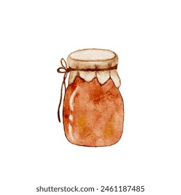 Watercolor organic eco jar with red jam, cute glasses can with organic food, vector