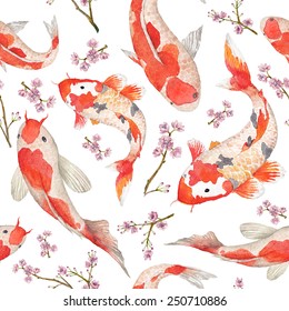 Watercolor oriental pattern with rainbow carps. Seamless oriental texture with isolated hand drawn fishes and blossom cherry. Asian natural background in vector